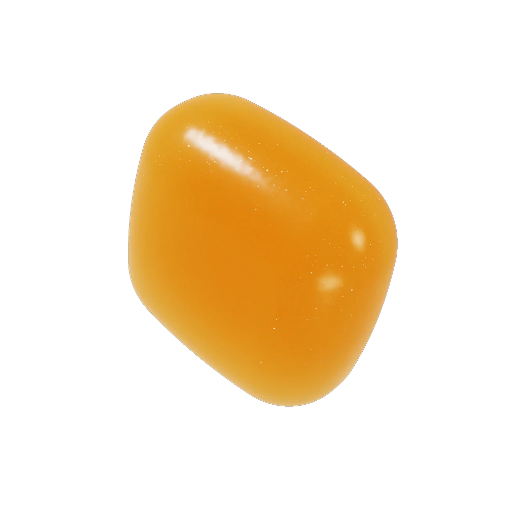 A single Melli AM gummy, tangerine gold and dusted in sugar, glowing like late-morning sun.