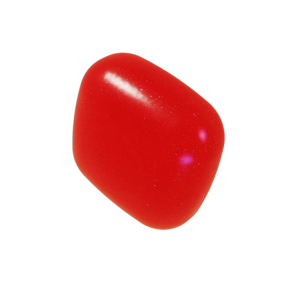 A single Melli PM gummy, deep black-cherry red with a sugared crust, lit like a velvet booth.